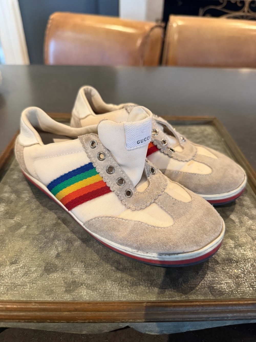 Gucci Kids Beige Suede & Canvas Sneakers with Rainbow Stripe